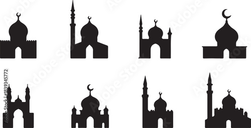 Collection of silhouetted mosque icons with minarets and domes