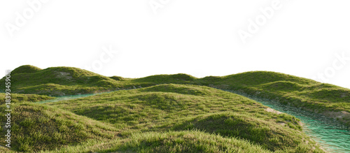Serene river flowing through a lush green landscape. 3D render.	
