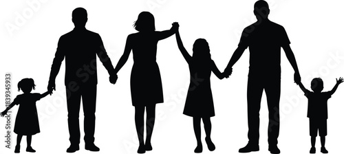 Silhouette Family Holding Hands in Unity and Togetherness for Parenting, Community, and Educational Illustration Use