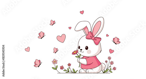 Adorable white bunny in a pink shirt smelling a flower is surrounded by pink butterflies and hearts on a clean white background for a cute design.