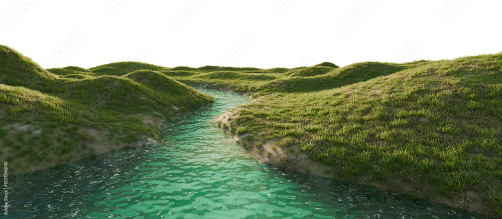 Naklejka premium Serene river flowing through a lush green landscape. 3D render.