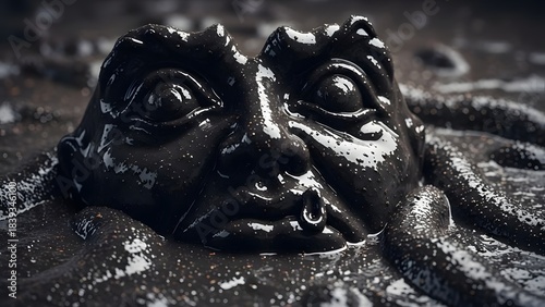 A grotesque, dark, and unsettling face emerges from murky, viscous mud, with tentacles or tendrils coiling around it.