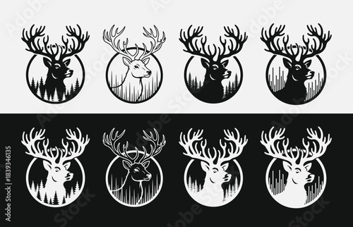 Vintage deer head illustrations in oval frames black and white on white background, EPS