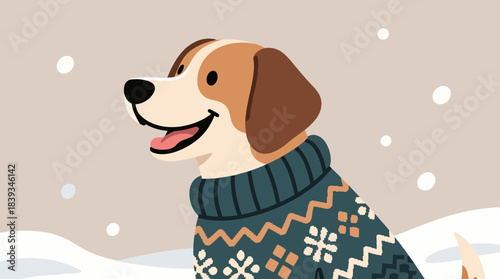 Happy dog wearing a sweater in a snowy winter landscape  