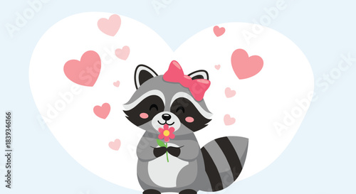 Sweet cartoon raccoon with a pink bow holds a flower while surrounded by floating hearts inside a large heart-shaped frame on a blue background.