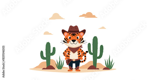 Brave cartoon tiger character dressed as a cowboy with a hat and gun stands in a desert landscape with tall cactus plants under a cloudy sky.