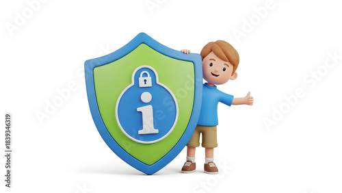 Boy stands behind a security shield with a lock icon. Suitable for cyber security concepts, data protection, internet safety education materials.