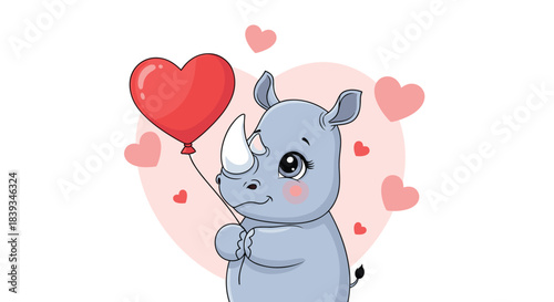 Adorable baby rhino cartoon holds a red heart-shaped balloon while surrounded by floating pink hearts on a simple white background.