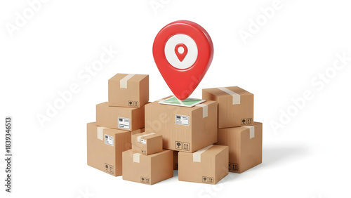 Stacked boxes and a red location pin graphic on top. Suitable for logistics, delivery, tracking, transportation, and inventory management concepts.