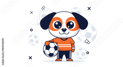 Cute cartoon puppy dog character wearing an orange sports jersey holds a soccer ball ready to play a game against a white background.