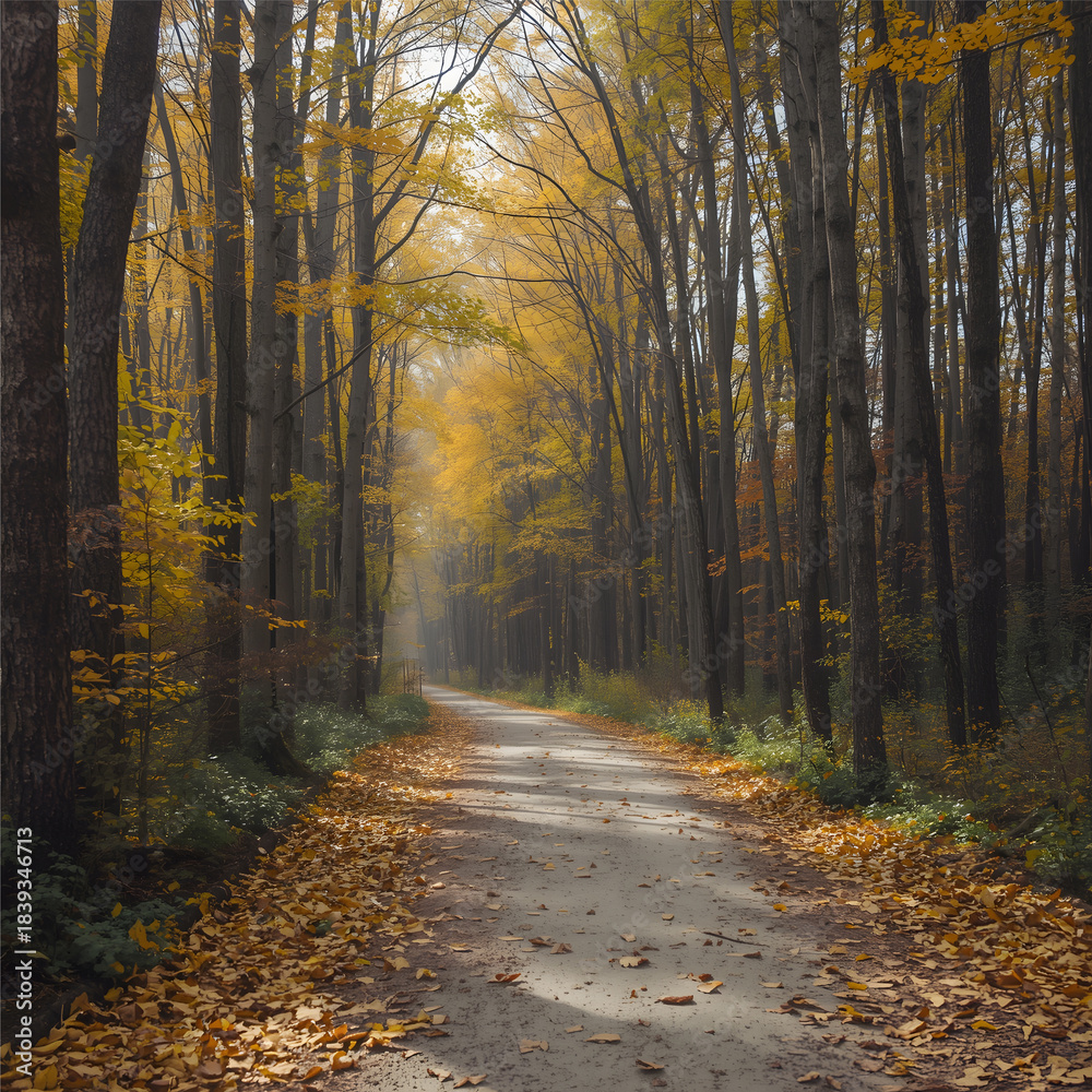 Obraz premium Golden autumn forest road surrounded by colorful trees