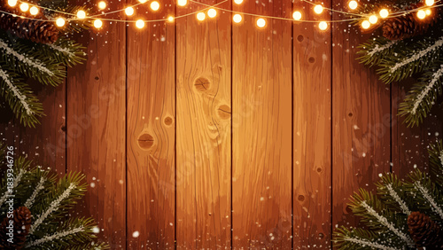 Warm rustic wooden plank background illuminated by festive string lights, adorned with frosted pine branches and pinecones, evoking a cozy winter holiday atmosphere
