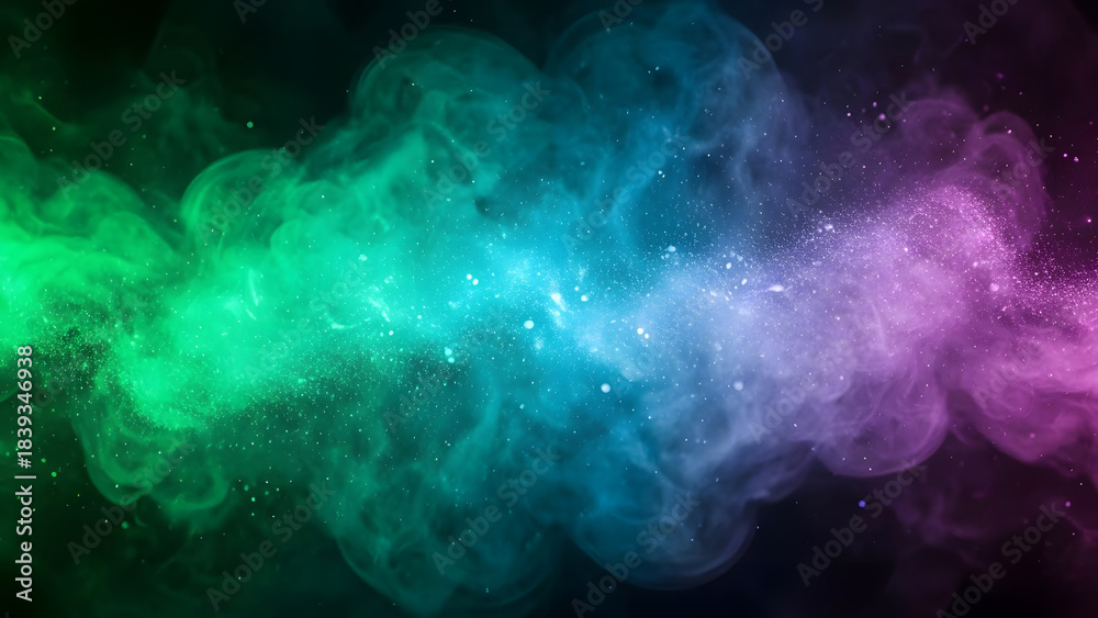 Obraz premium Vibrant abstract smoke cloud with gradient colors of green, blue, and purple against a dark background, featuring sparkling particles.