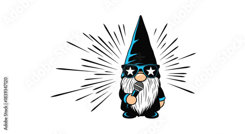 Cool rockstar garden gnome character wearing star-shaped sunglasses and holding a microphone with dramatic starburst lines behind.