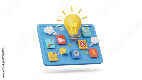 Lightbulb shining above business icons on digital board. Perfect for presentations, websites, articles, and social media posts related to business concepts.