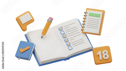 Pencil, book, notebook, and sticky notes ideal for stationary, office supplies, education, organization, productivity, school, and workplace themes.