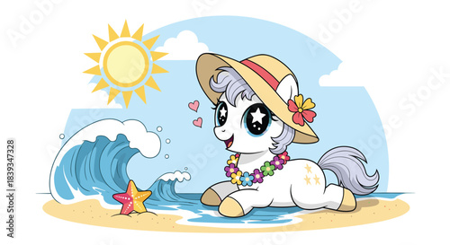 Adorable little pony wearing a straw hat and flower lei relaxing on a sandy beach and watching the waves with a starfish.
