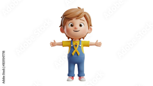 Welcoming boy in blue overalls, arms wide open. Ideal for family, unity, happiness, childhood themes in design projects.
