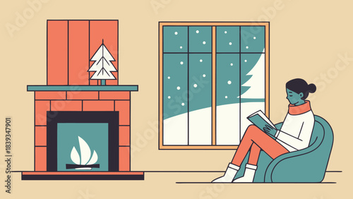 Cozy woman relaxing by warm fireplace on snowy winter day
