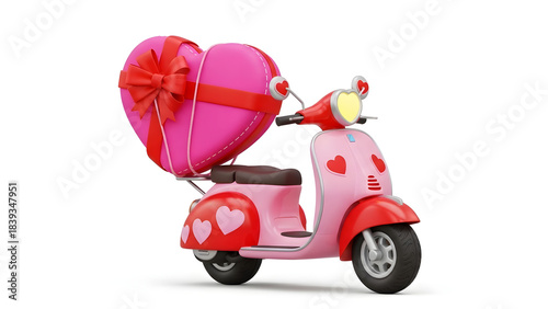 Pink motor scooter with a big heart present is perfect for greeting cards, invitations, valentines day designs, or lovethemed content.