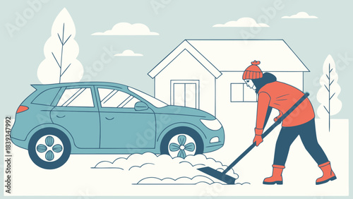 Person Shoveling Snow from Driveway Next to Car – Winter Home Chores Illustration