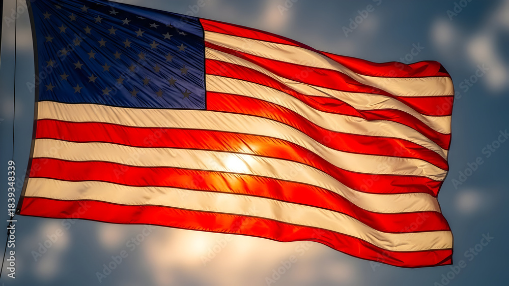 Obraz premium Vibrant American flag proudly waving against a bright blue sky with golden sunlight shining through the fabric, symbolizing national pride freedom and independence