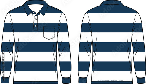 Striped rugby shirt flat sketch, long sleeve apparel design, navy white horizontal stripes fashion template, chest pocket collar placket garment illustrationStriped 