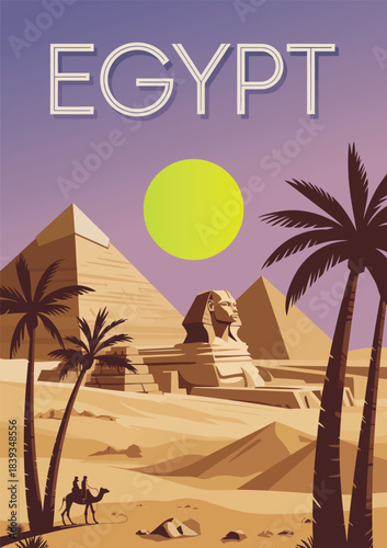 Ancient Sphinx and Pharaoh Pyramids Vintage Poster, Travel to Egypt Retro Card Vector