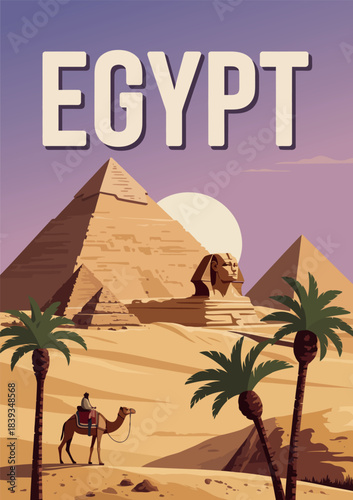 Ancient Sphinx and Pyramids Egypt Vintage Travel Poster Vector