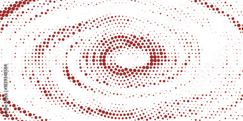 Red halftone concentric circle background. Dotted radial gradient texture. Rippled sonic wave ring wallpaper. Vector rasterized rough backdrop for epicenter, target, radar signal, vibration concept