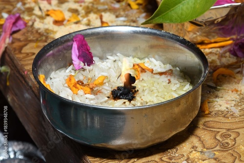a beautiful rice and flower put in the powl