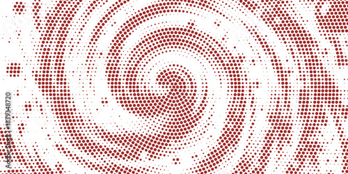 Red halftone concentric circle background. Dotted radial gradient texture. Rippled sonic wave ring wallpaper. Vector rasterized rough backdrop for epicenter, target, radar signal, vibration concept