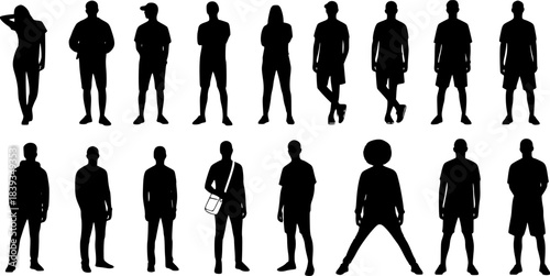Vector silhouettes man and women, illustration. Silhouettes of young people posing in casual clothes. Transparent background EPS version.