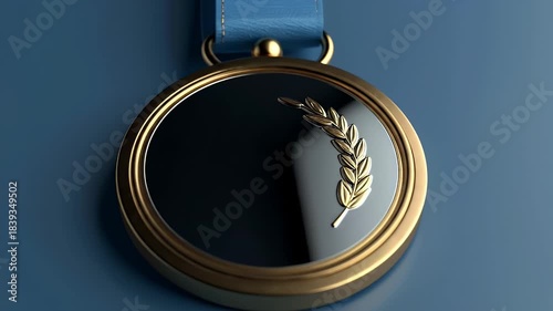 Gold Medal With Blue Ribbon Lying on a Blue Surface Showing Symbol of Triumph and Achievement for Winning a Competition