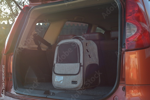 Pet travel carrier placed in the trunk of a car, ready for transportation with soft lighting and cozy atmosphere.