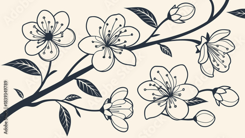Elegant Hand-Drawn Cherry Blossom Branch Line Art. Delicate Floral Illustration with Open Flowers and Buds on a Cream Background, Perfect for Sprin...