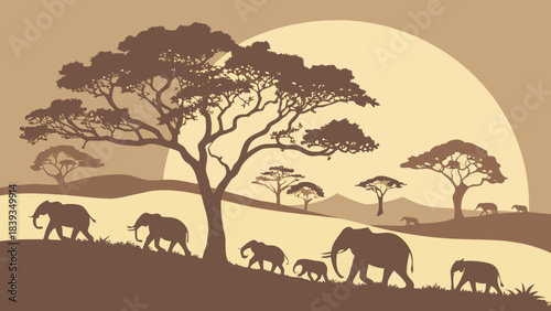 African Elephant Family Silhouette Trekking Across Savanna Hills at Golden Sunset, Wildlife Illustration