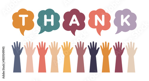 a diverse group of hands lifted with colorful thank you speech bubbles, perfect for appreciation campaigns, volunteer promotions, teamwork visuals, community outreach designs, and positive 