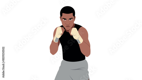 Boxing champion in ready stance with protective gear on white background
