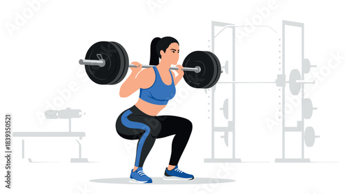 Woman weightlifting in gym: fitness enthusiast squatting with barbell