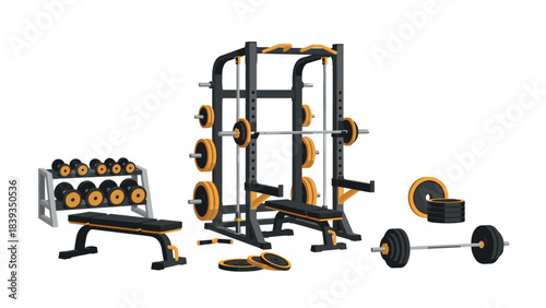 Modern gym equipment set with weights and benches in isometric style for fitness design