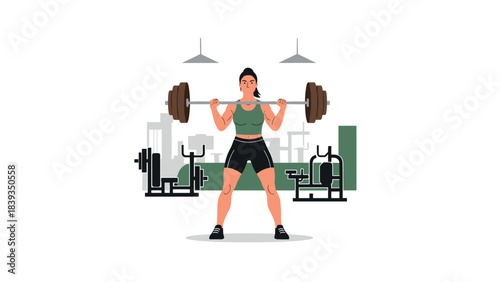 Strong woman lifting weights in modern gym setting with fitness equipment