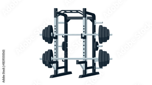 Realistic gym power rack with weights on white background
