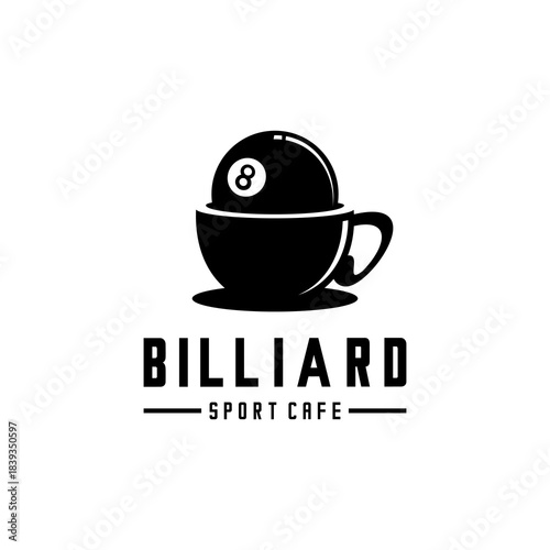 Billiard coffee cafe, a glass of coffee with eight ball of pool