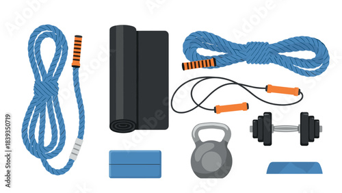 Essential home workout equipment for fitness enthusiasts in modern flat design
