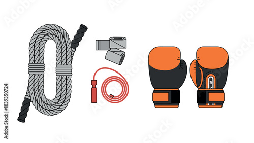 Boxing and fitness equipment: jump rope, hand wraps, and gloves in flat design