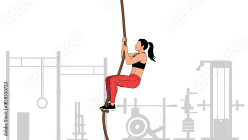 Fitness enthusiast climbing rope in gym with training equipment background