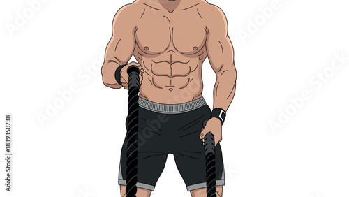 Muscular man exercising with battle ropes in gym setting for fitness enthusiasts