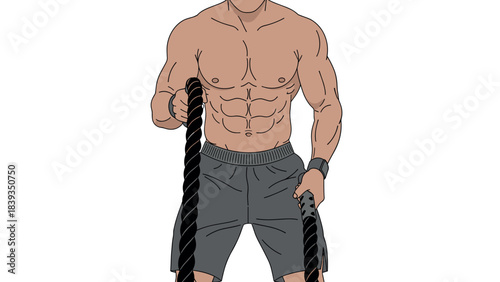 Athletic man training with battle ropes in gym setting