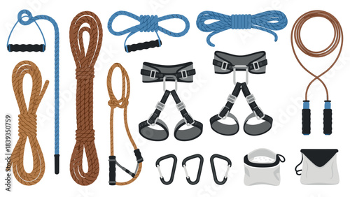 Climbing and fitness gear essentials with harnesses and ropes